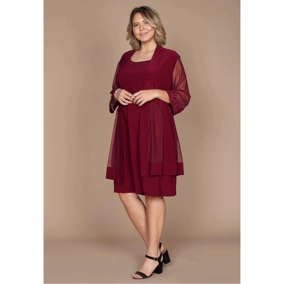 R&M Richards Sz S Red Slinky Glitter Swing Jacket and Shift Dress Formal Set - Picture 5 of 15